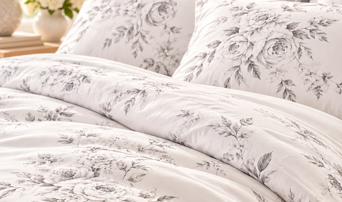 White floral patterned duvet cover with matching pillows on a neatly styled bed